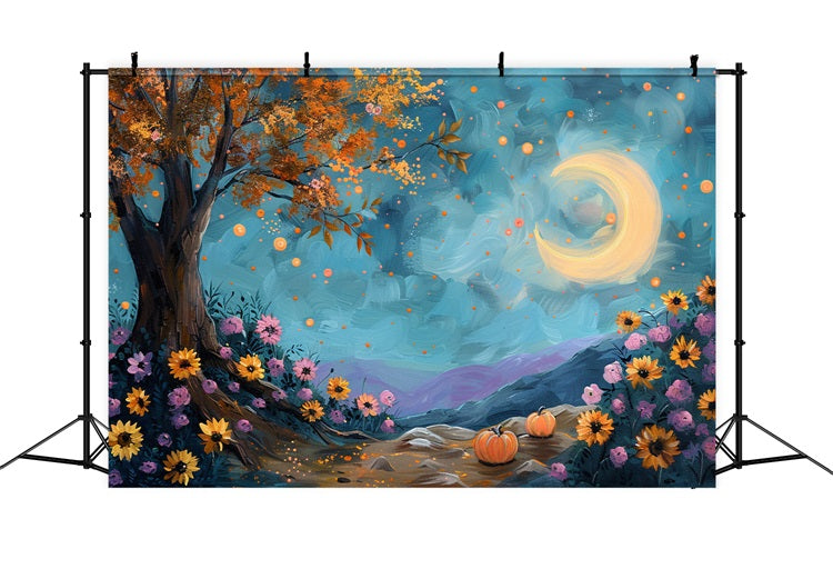 Mondbeschienener Herbstbaum Sternenhimmel Blumen Hintergrund BRP9-131