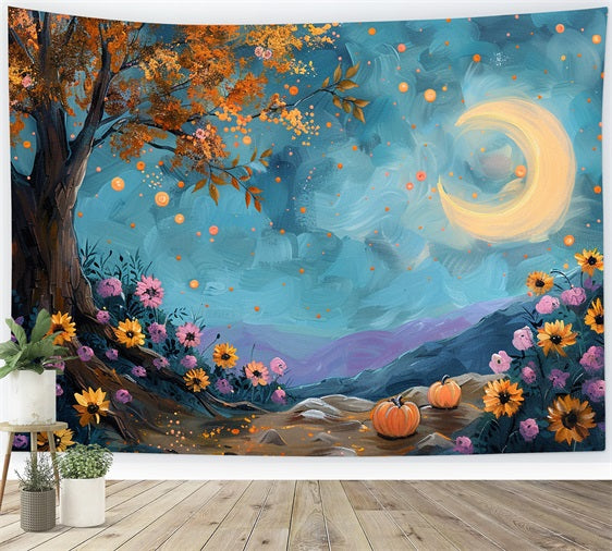 Mondbeschienener Herbstbaum Sternenhimmel Blumen Hintergrund BRP9-131