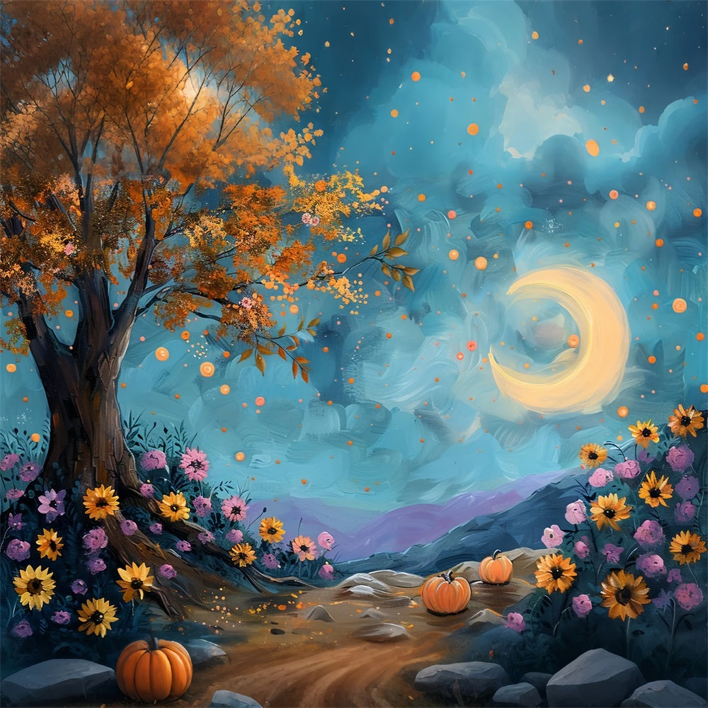Mondbeschienener Herbstbaum Sternenhimmel Blumen Hintergrund BRP9-131