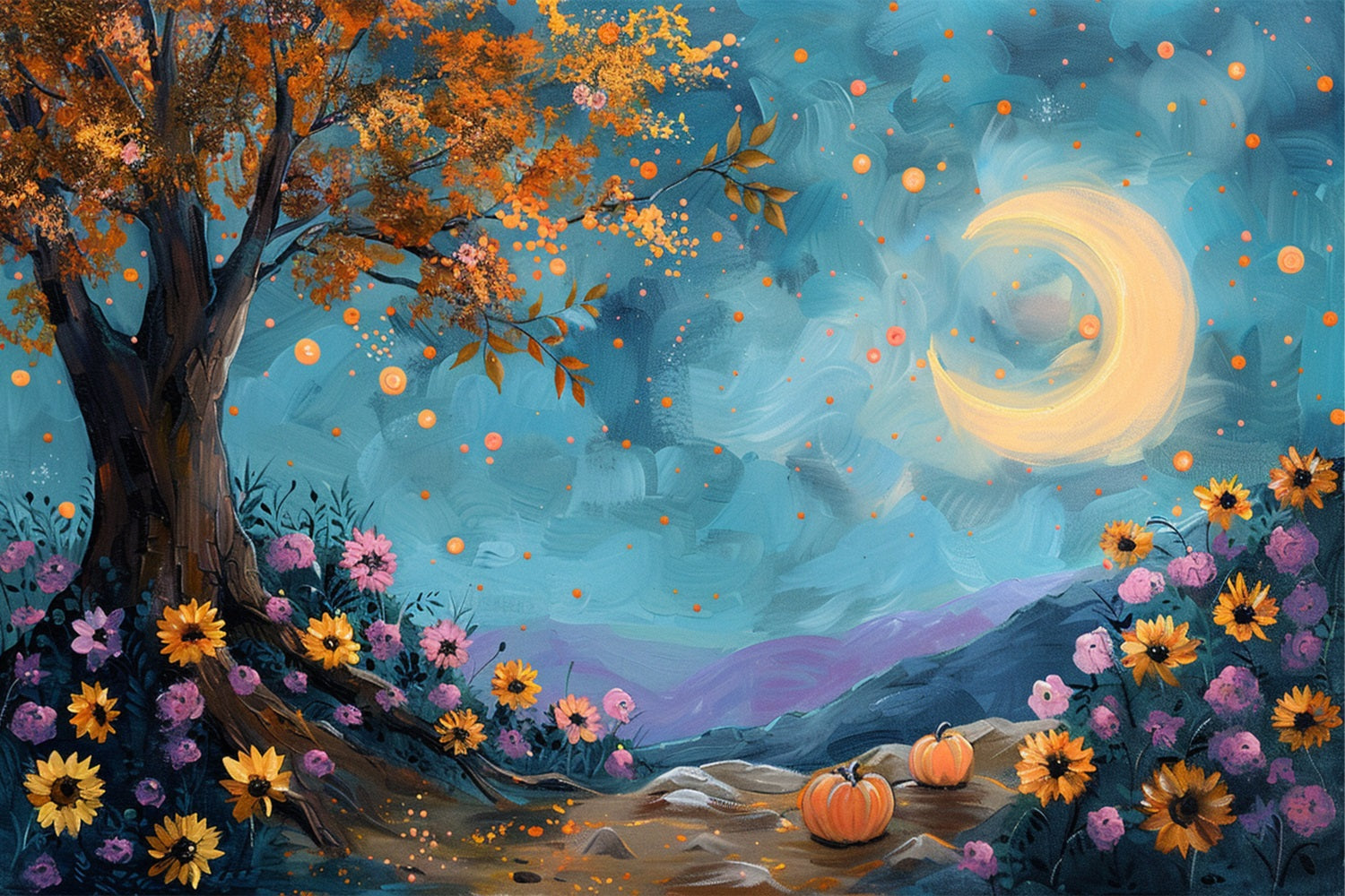 Mondbeschienener Herbstbaum Sternenhimmel Blumen Hintergrund BRP9-131