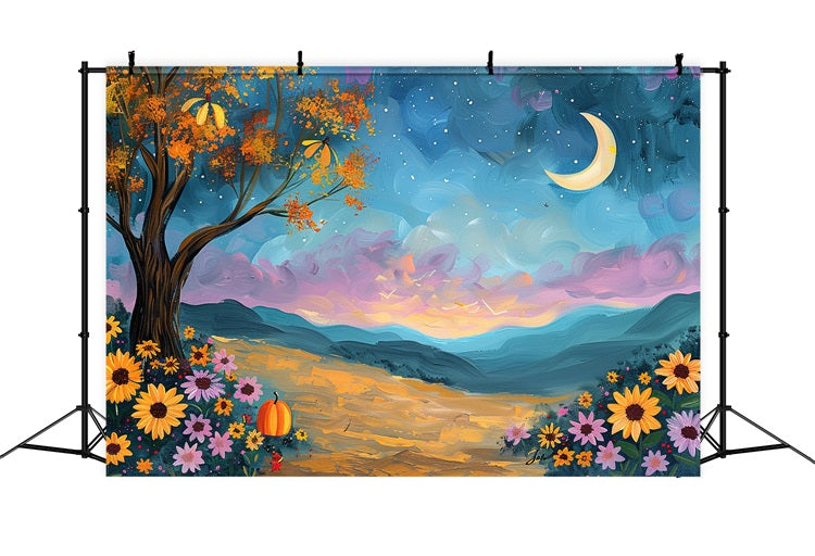 Herbstbaum Mondschein Himmel Blumen Backdrop BRP9-132