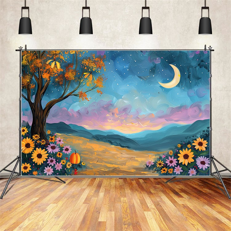 Herbstbaum Mondschein Himmel Blumen Backdrop BRP9-132
