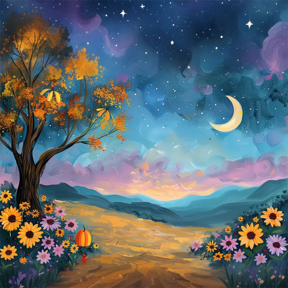 Herbstbaum Mondschein Himmel Blumen Backdrop BRP9-132