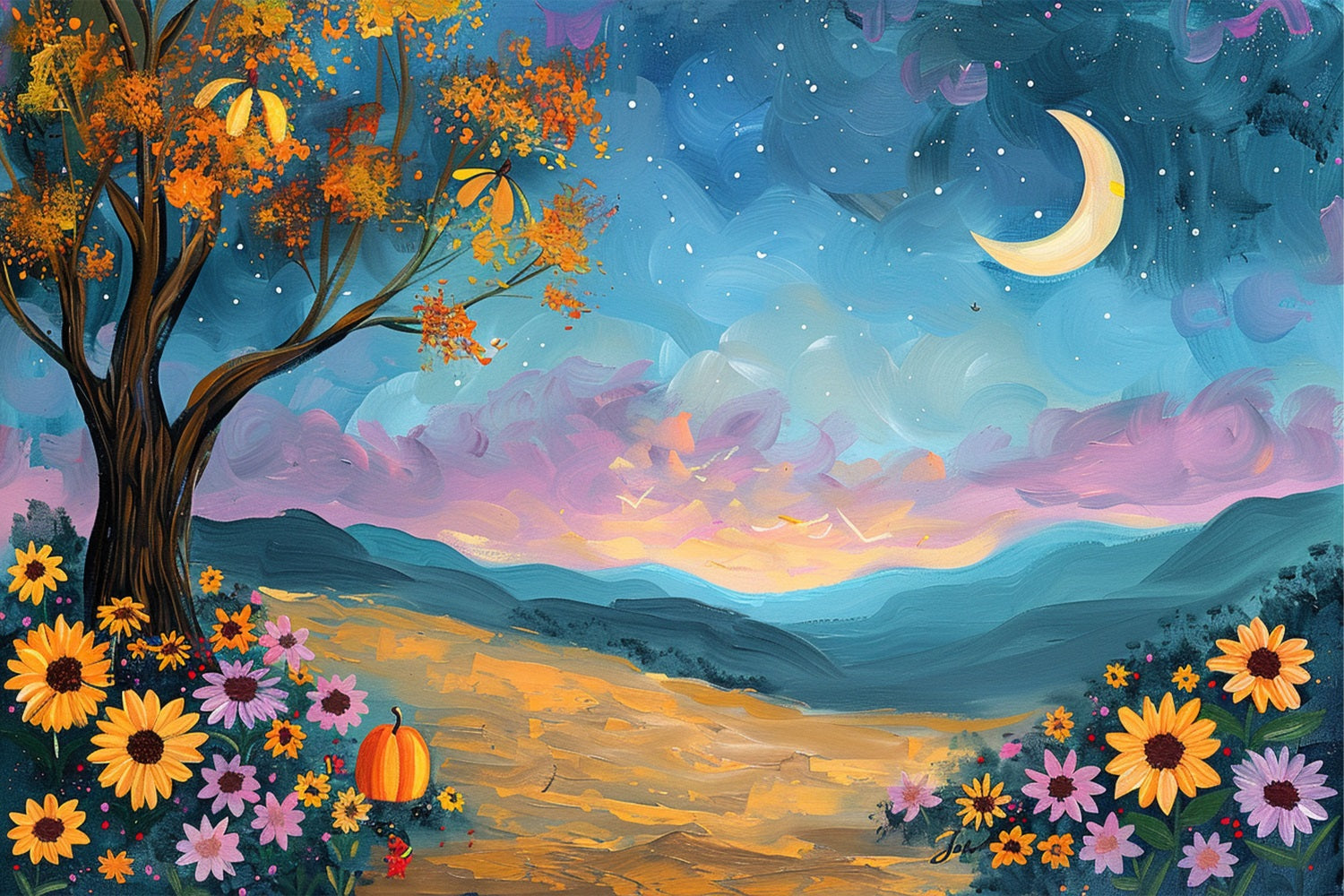 Herbstbaum Mondschein Himmel Blumen Backdrop BRP9-132