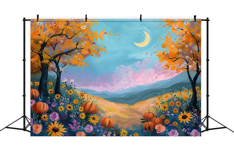 Mondlicht Herbst Feld Kürbisse Blumen Backdrop BRP9-133