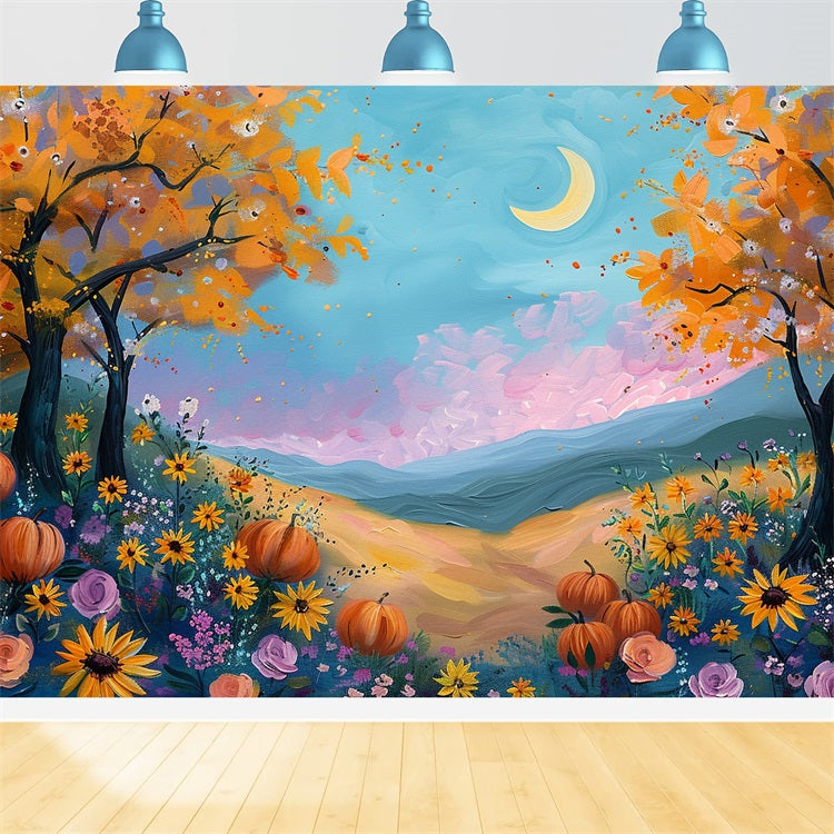 Mondlicht Herbst Feld Kürbisse Blumen Backdrop BRP9-133