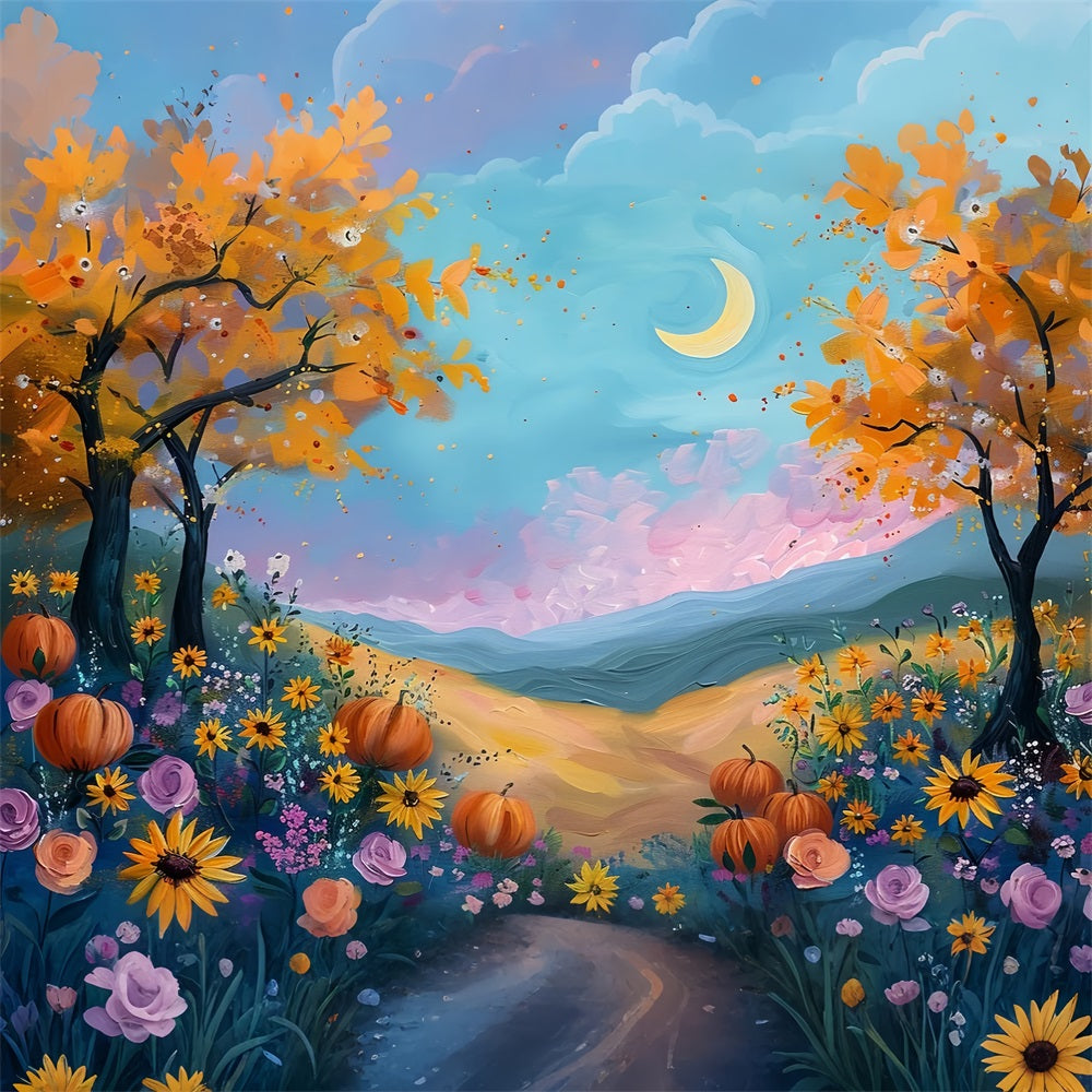 Mondlicht Herbst Feld Kürbisse Blumen Backdrop BRP9-133