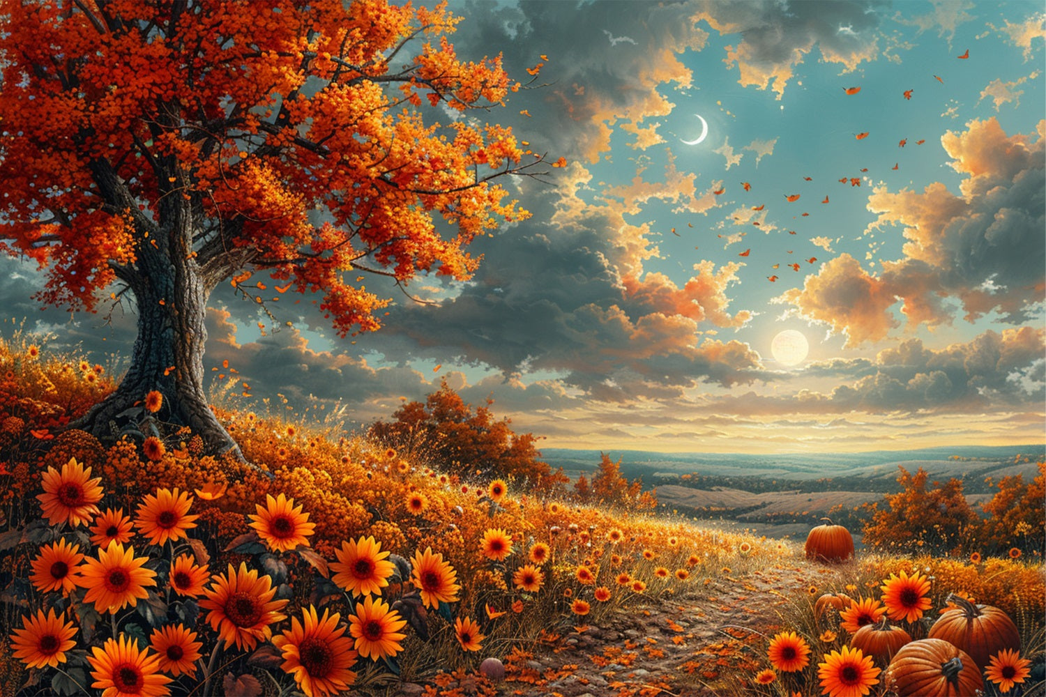 Sonnenbeschienener Berghang Herbstblumen Mondsichel Hintergrund BRP9-134
