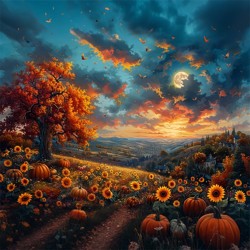 Herbstbaum Sonnenblumen Glühender Himmel Backdrop BRP9-135