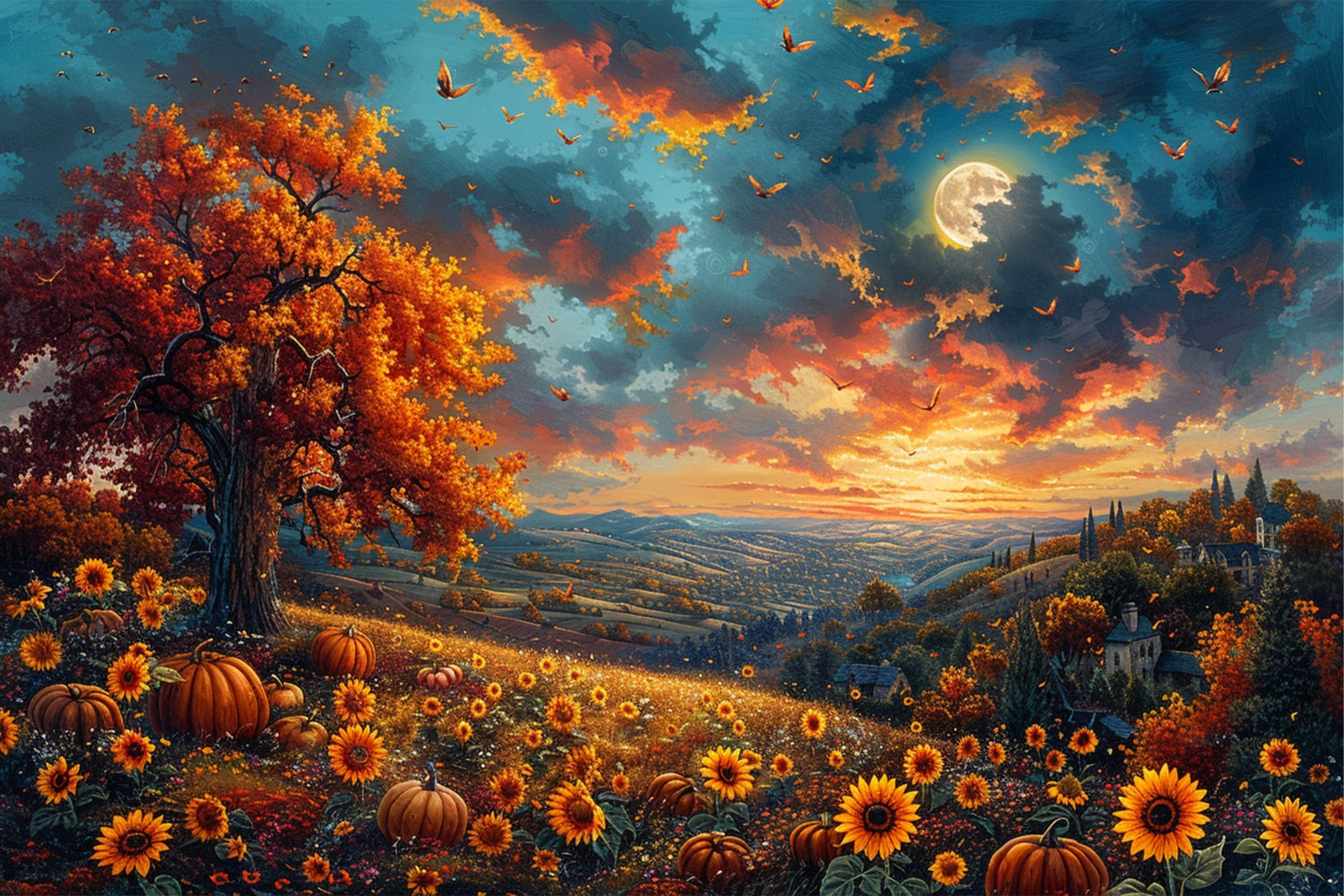 Herbstbaum Sonnenblumen Glühender Himmel Backdrop BRP9-135
