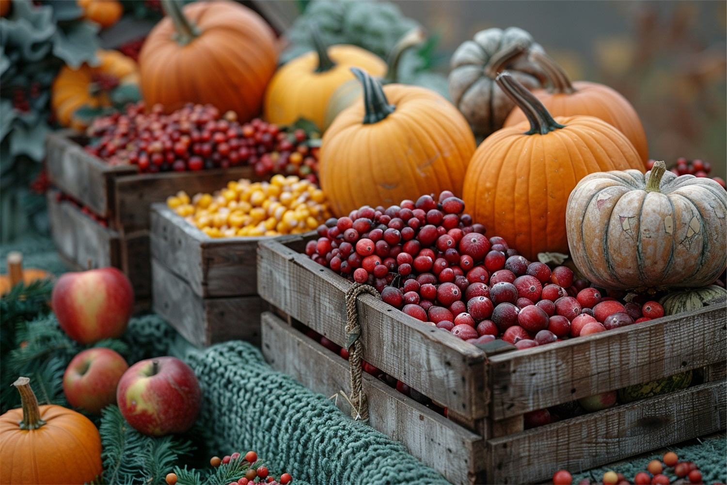 Ernte Holzkisten Kürbisse Obst Hintergrund BRP9-136