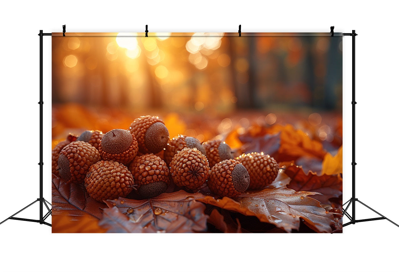 Taufrische Eicheln Ruhende Herbstblätter Hintergrund BRP9-138