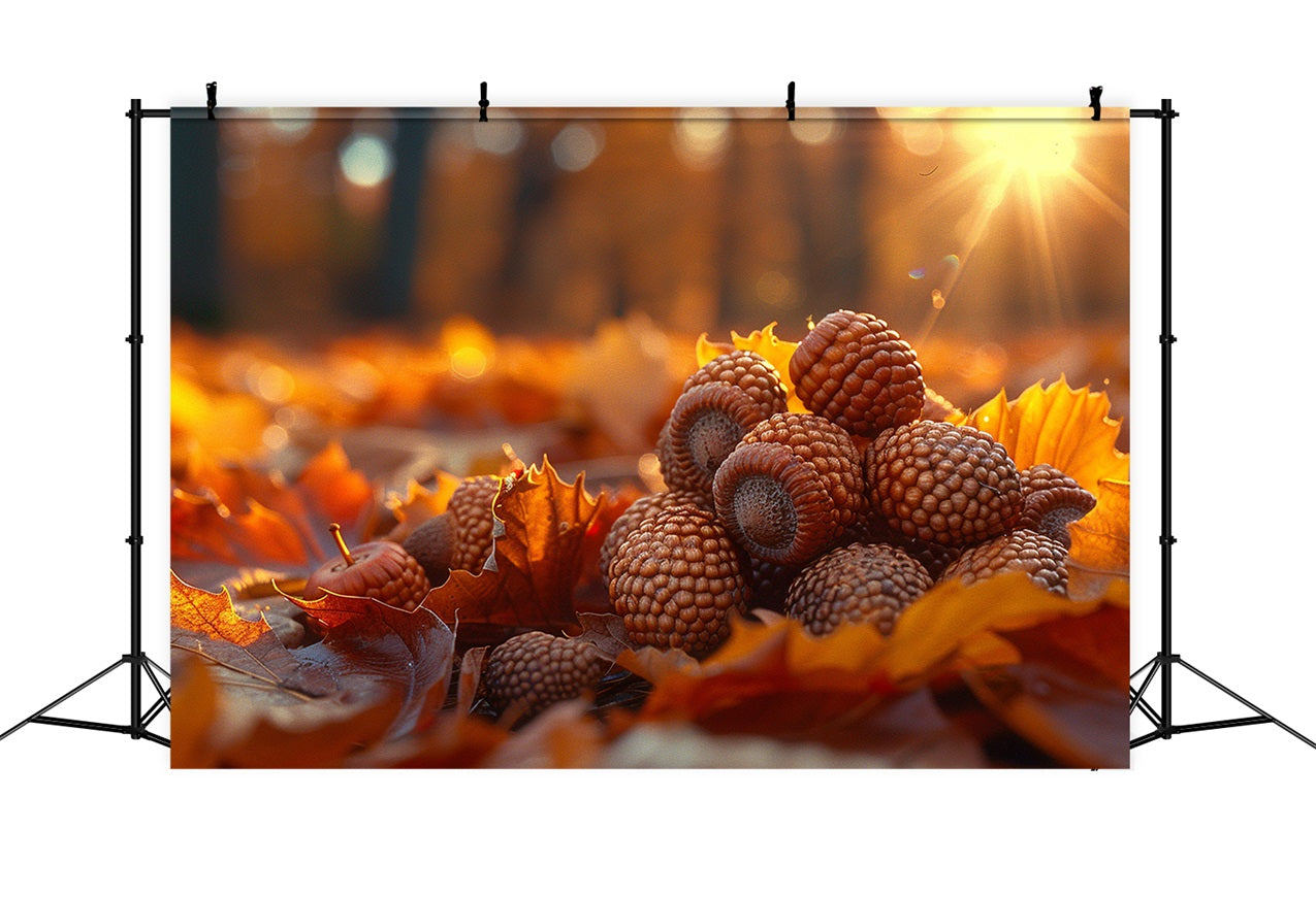 Sonnenbeschienene Eicheln Goldener Herbstlaubhaufen Hintergrund BRP9-139