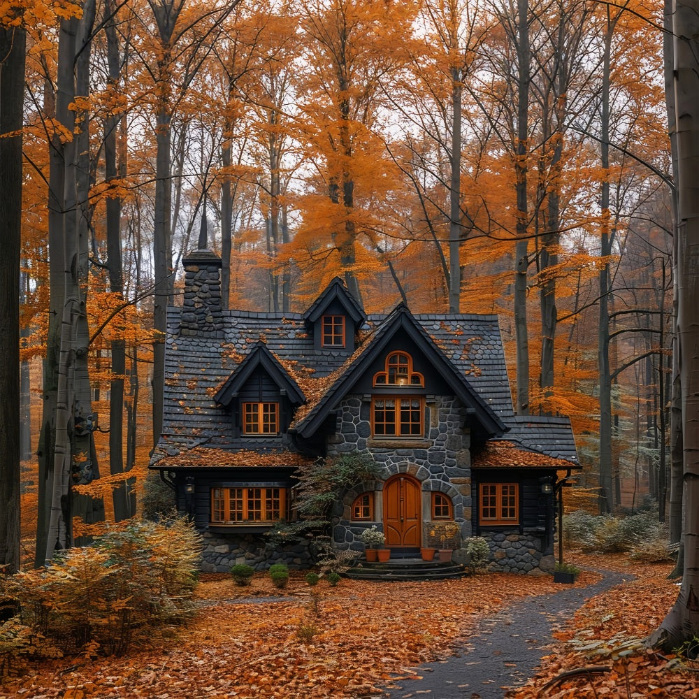 Herbstblätter, die ein malerisches Waldhäuschen bedecken Hintergrund BRP9-143