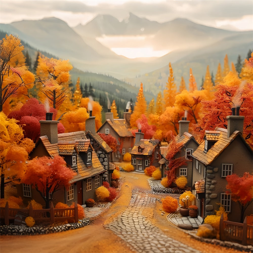 Herbsttraum Dorf Orange Rote Bäume Hintergrund BRP9-150
