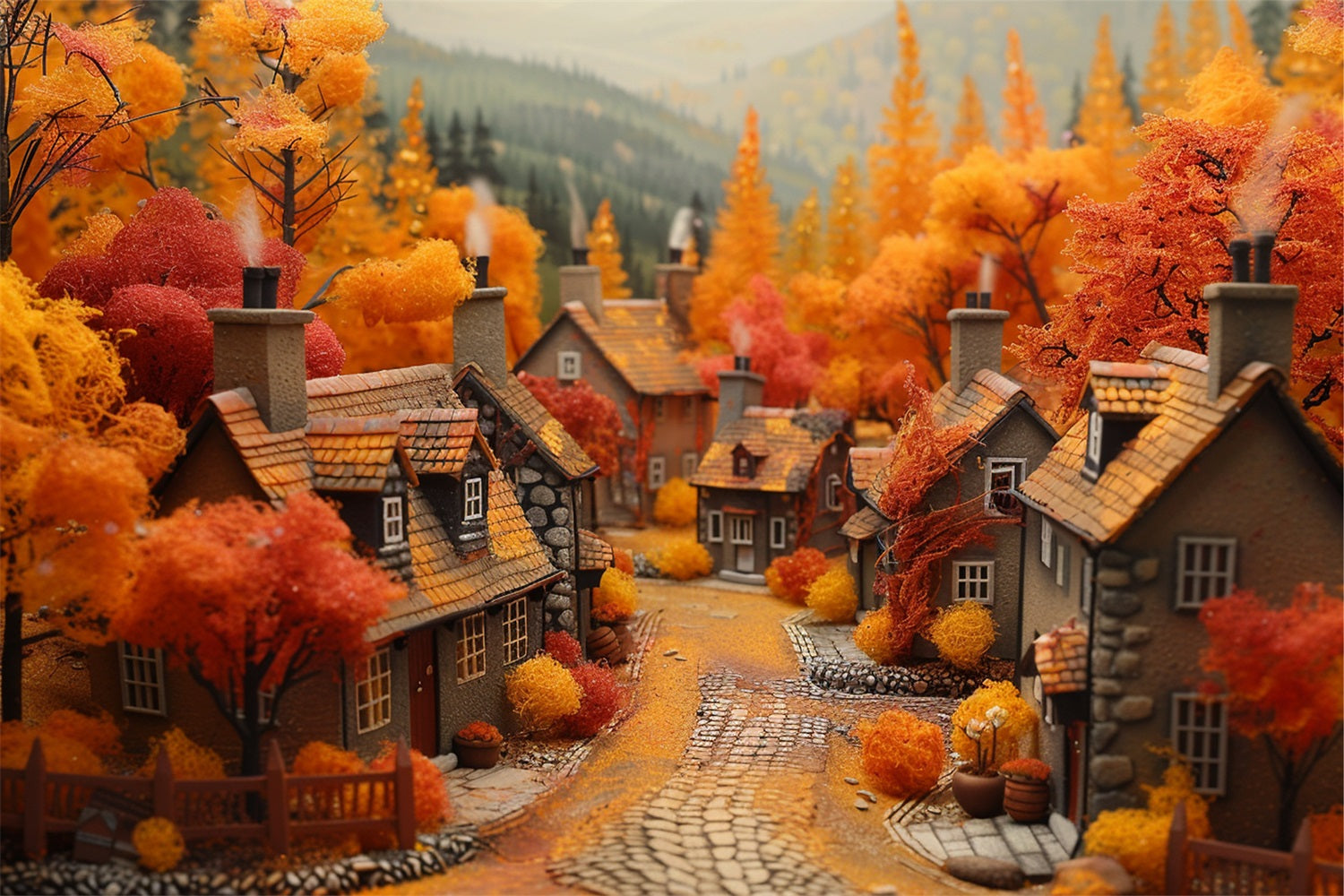 Herbsttraum Dorf Orange Rote Bäume Hintergrund BRP9-150