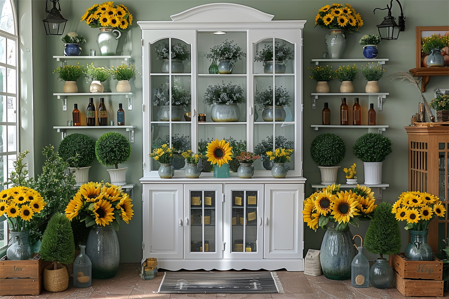 Herbst Gewächshaus Sonnenblumen Gemütliche Dekoration Hintergrund BRP9-166