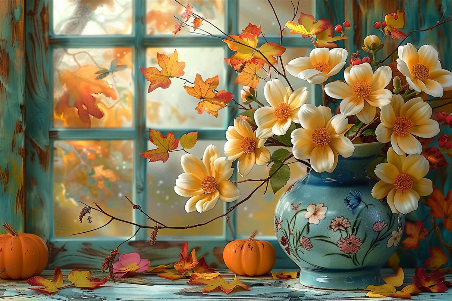 Herbst-Fenster-Szene Kürbis Blumen Hintergrund BRP9-168