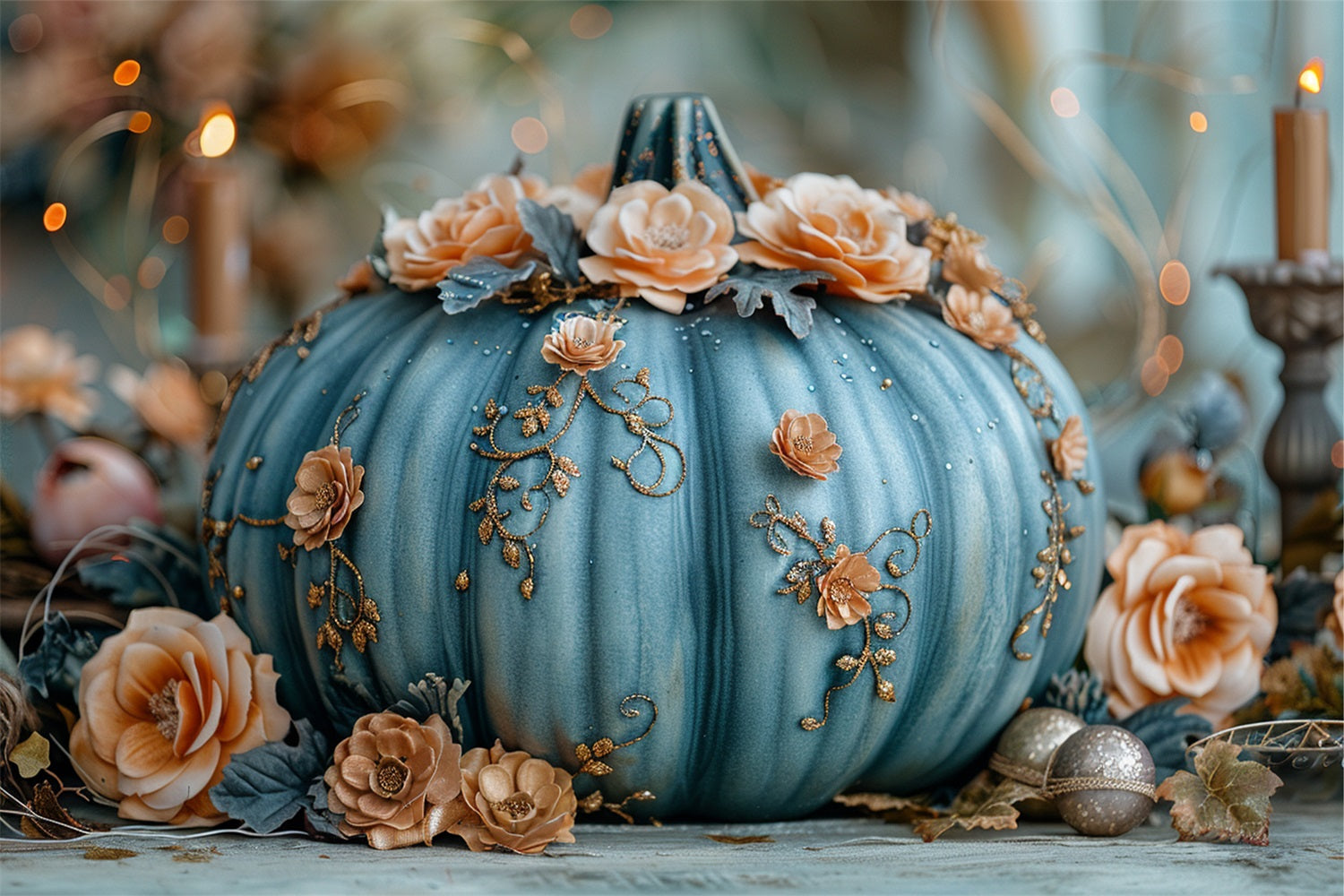 Charmante florale dekoriert blauen Kürbis Herbst Hintergrund BRP9-178