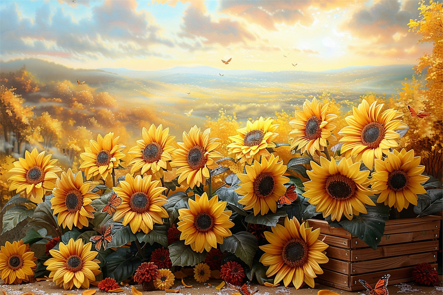 Goldene Sonnenblumenfeld Herbst Sonnenuntergang Glühen Hintergrund BRP9-181