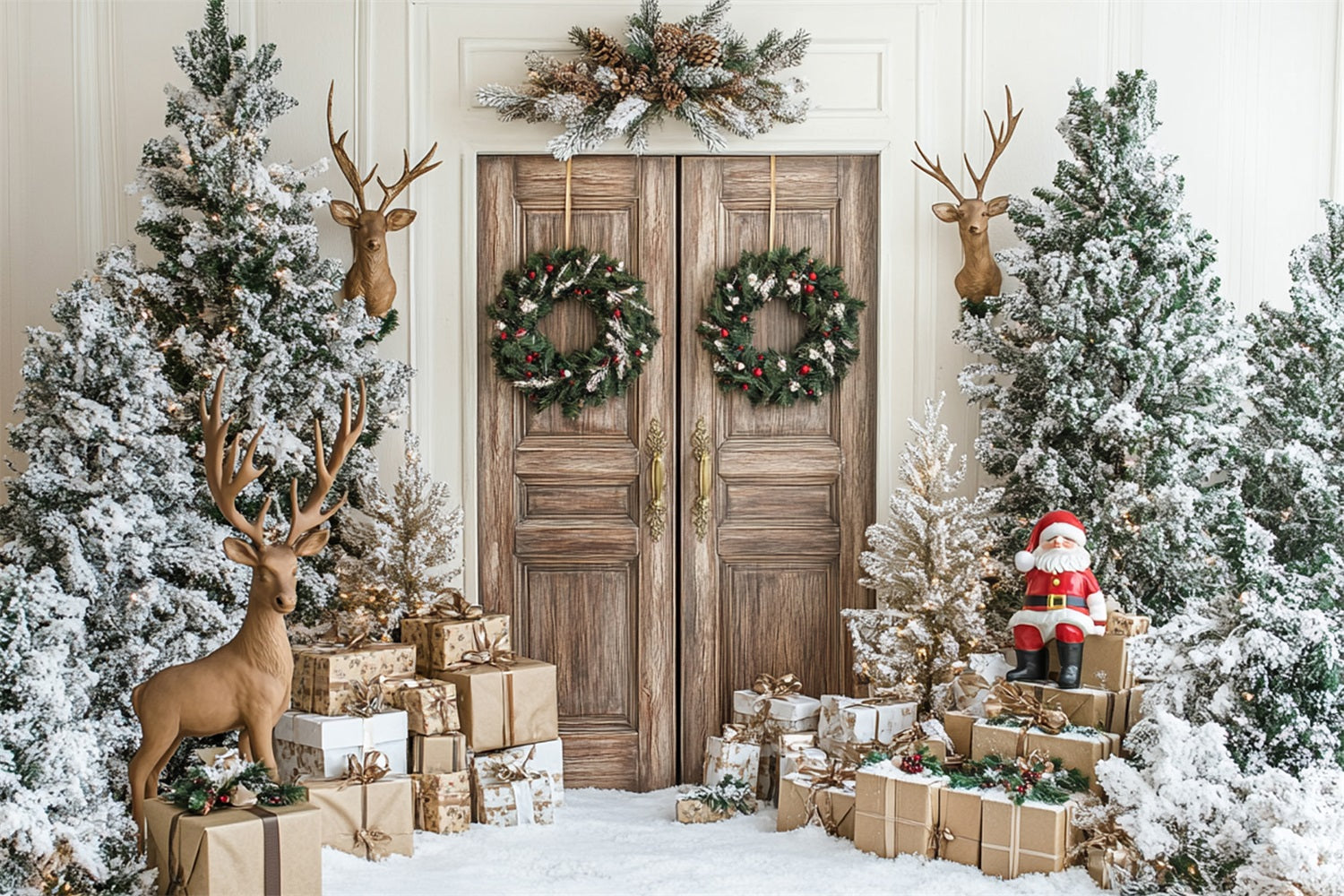 Rustikale Wintertür Weihnachtsmann Rentier Dekor Hintergrund BRP9-260