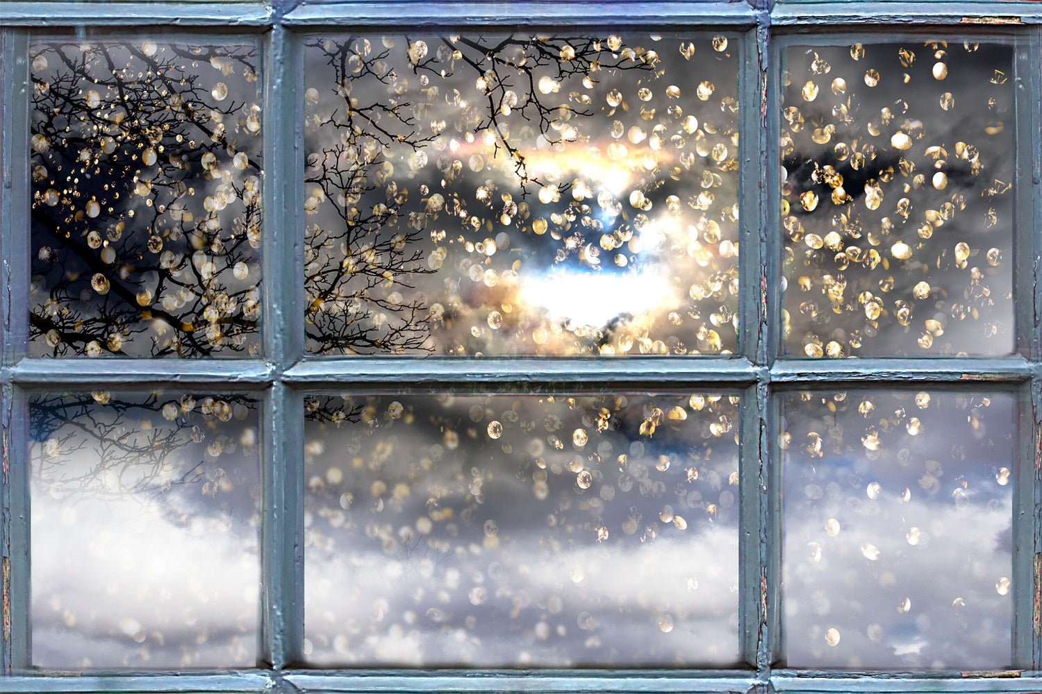 Glitzernde Winterzweige durch Fenster Hintergrund BRP9-301