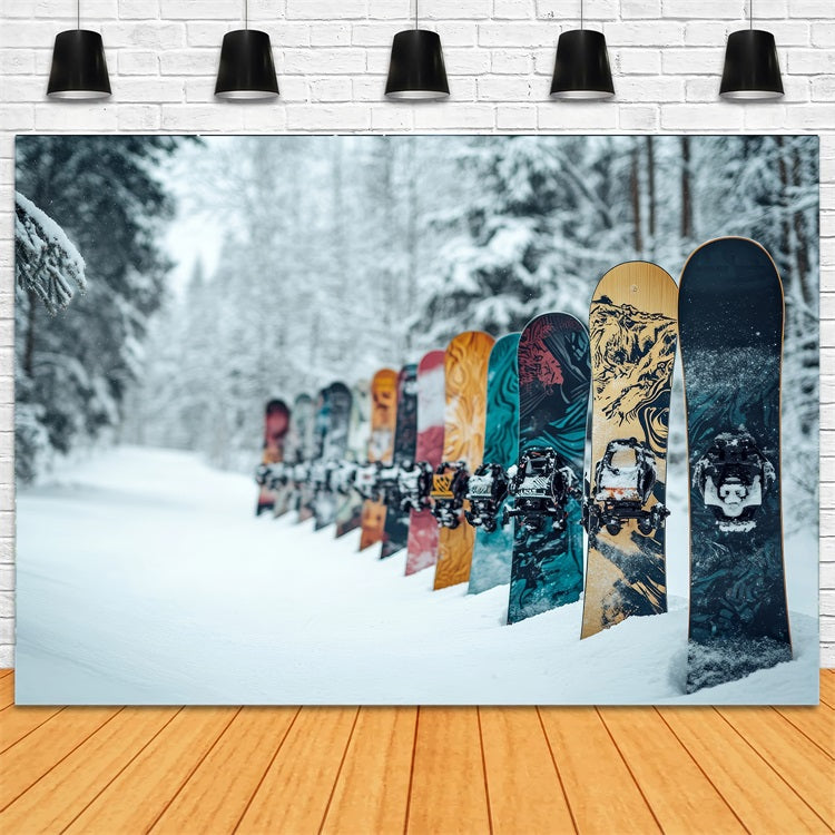 Bunte Snowboards Winter verschneiten Wald Hintergrund BRP9-303