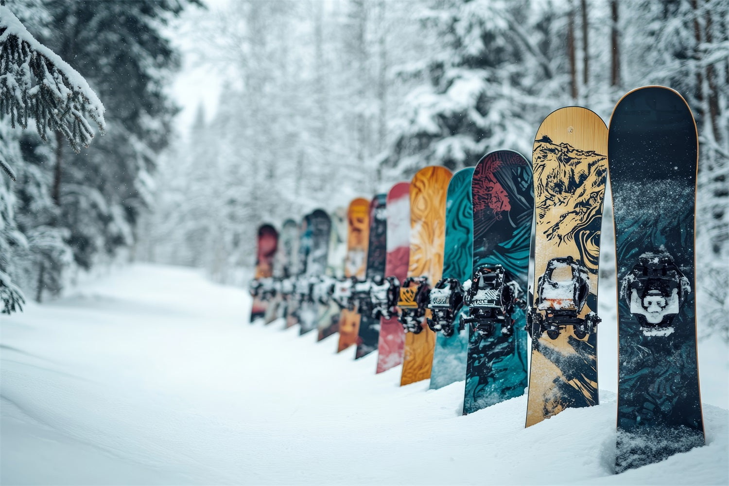 Bunte Snowboards Winter verschneiten Wald Hintergrund BRP9-303