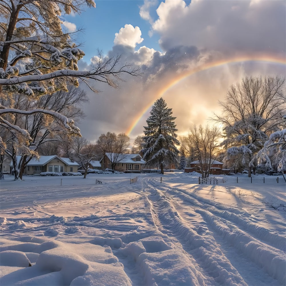 Verschneiter Horizont Regenbogen über frostigen Bäumen Hintergrund BRP9-327