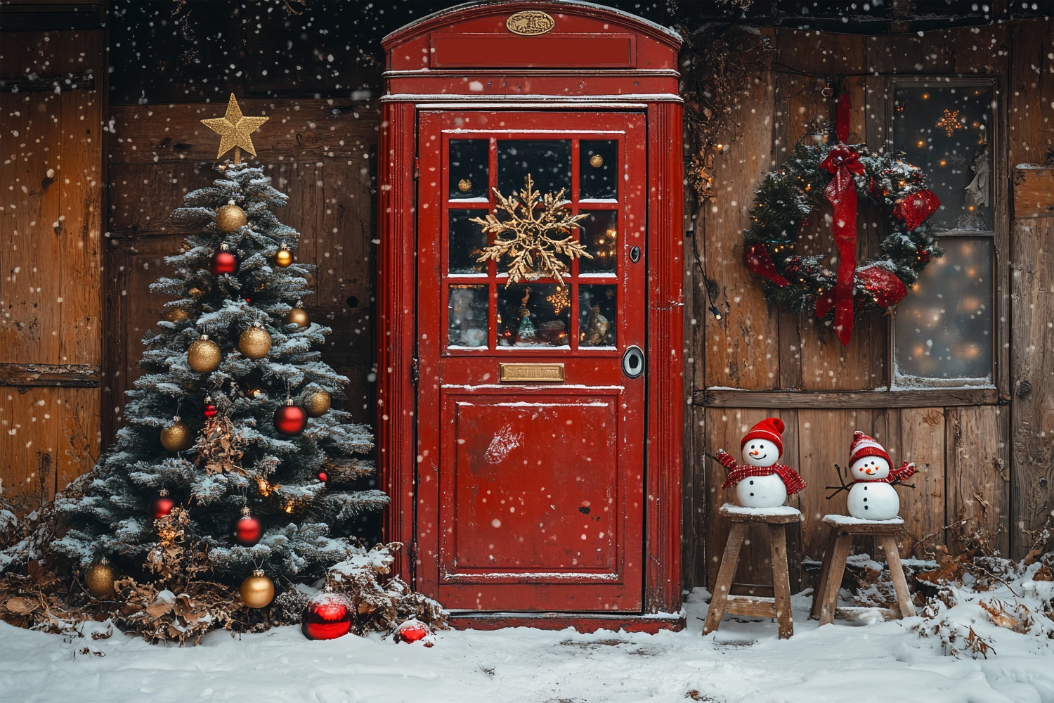 Klassische Weihnachten Rote Tür und Schneemann Szene Hintergrund BRP9-33