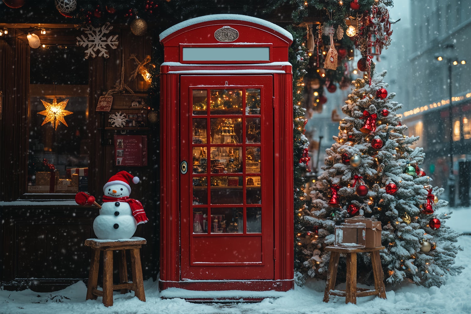 Verschneiter Weihnachtsmarkt mit roter Tür als Hintergrund für Fotos BRP9-35