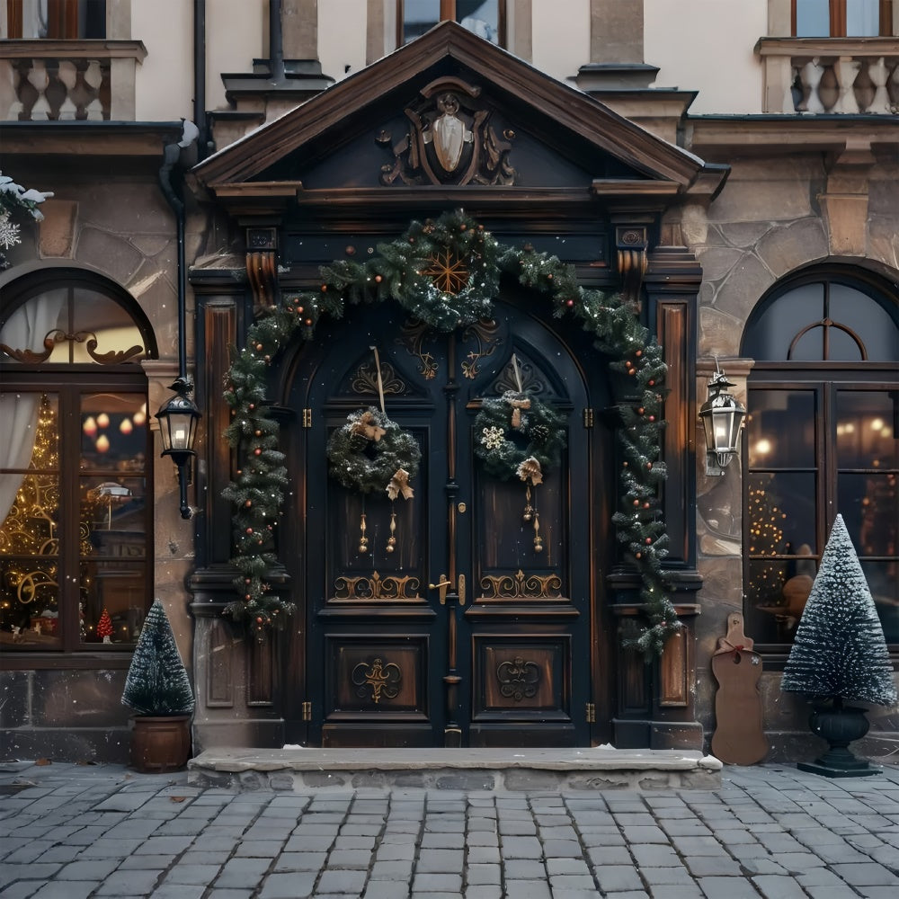 Klassische Urlaubstür mit Weihnachtskranz und Baum BRP9-40