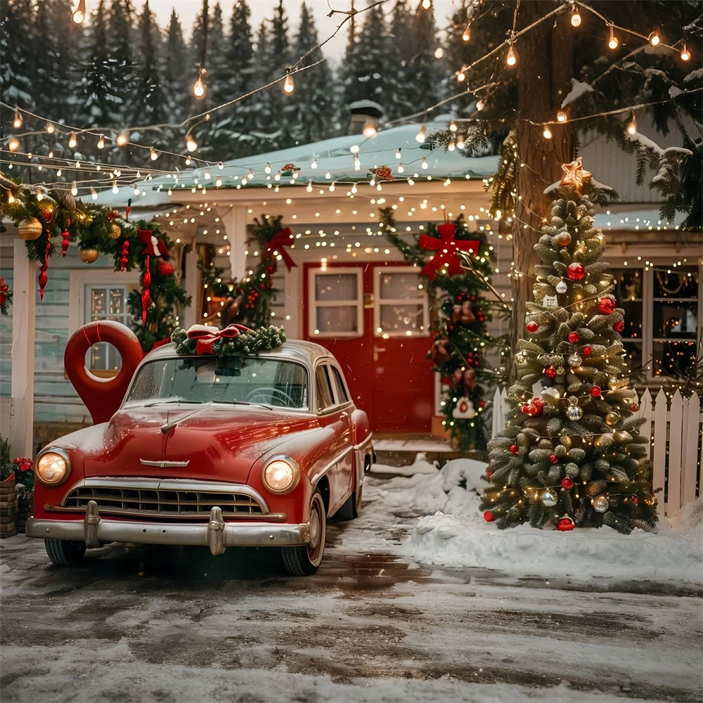 Weihnachtshaus mit rotem Oldtimer-Hintergrund BRP9-43