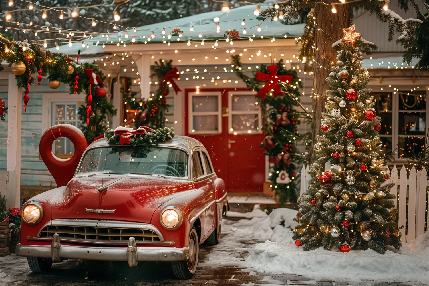 Weihnachtshaus mit rotem Oldtimer-Hintergrund BRP9-43