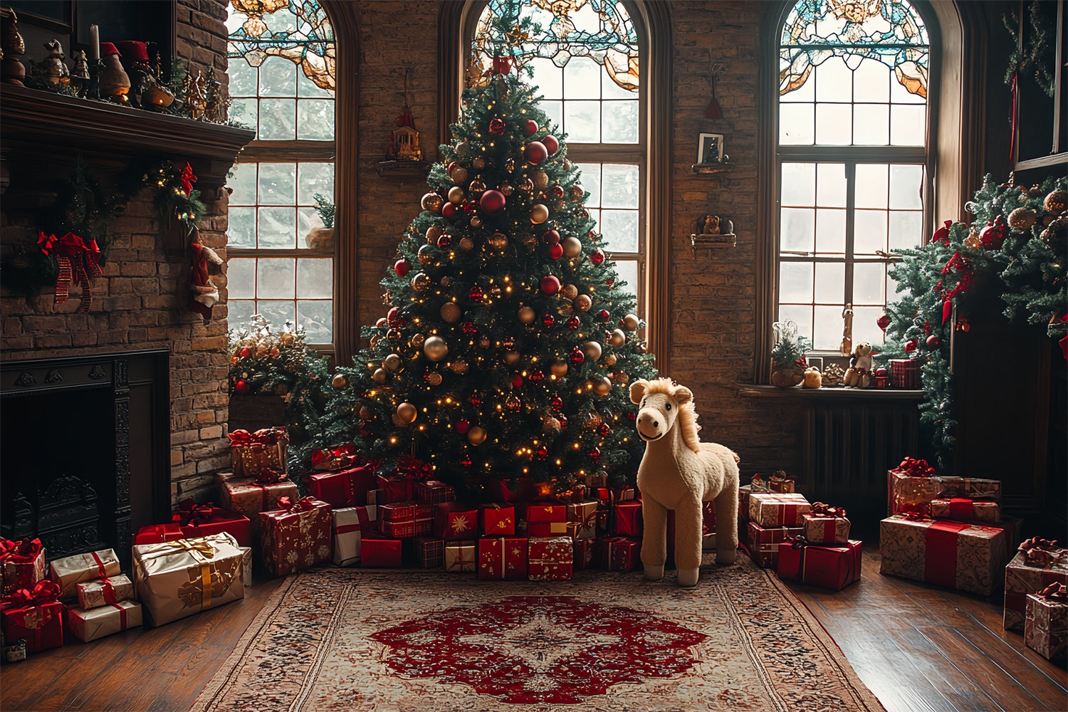 Kamin Weihnachtsbaum und Geschenke Spielzeugpferd Hintergrund BRP9-44