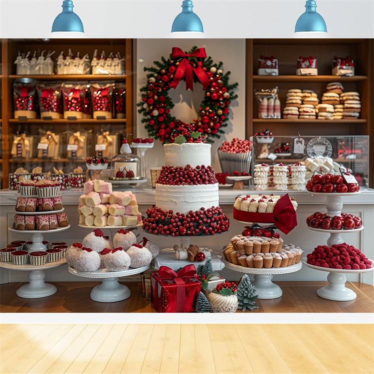 Weihnachtsdessert-Display mit Preiselbeerkranz-Hintergrund BRP9-79