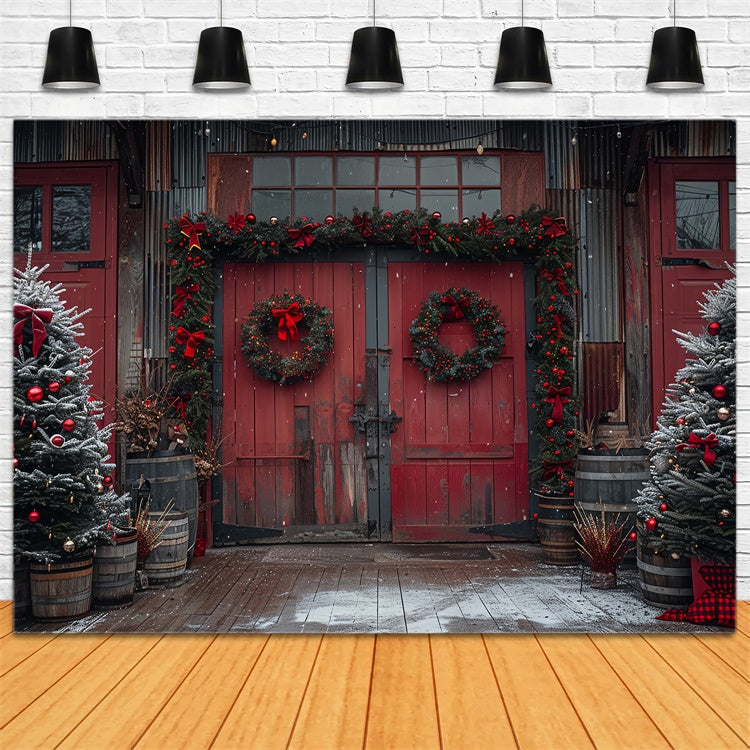 Rote Weihnachtsscheune mit Kränzen und Baumschmuck Backdrop BRP9-80