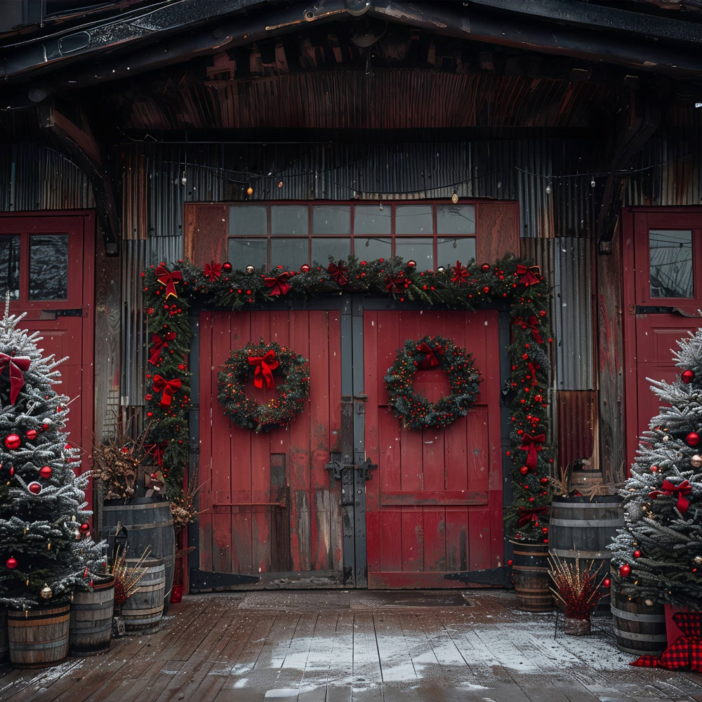 Rote Weihnachtsscheune mit Kränzen und Baumschmuck Backdrop BRP9-80