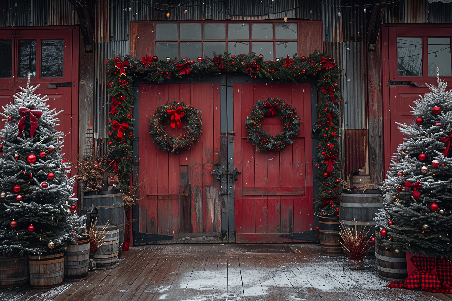 Rote Weihnachtsscheune mit Kränzen und Baumschmuck Backdrop BRP9-80