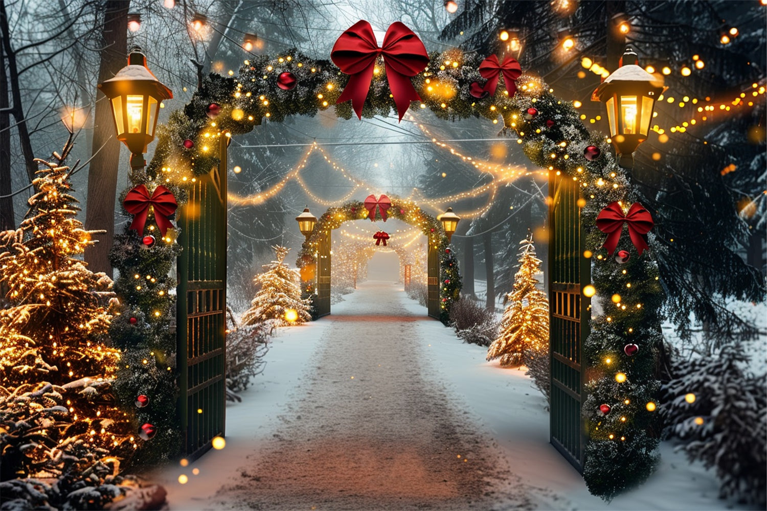 Verschneiter weihnachtlicher Torbogen mit Lichterketten-Hintergrund BRP9-84