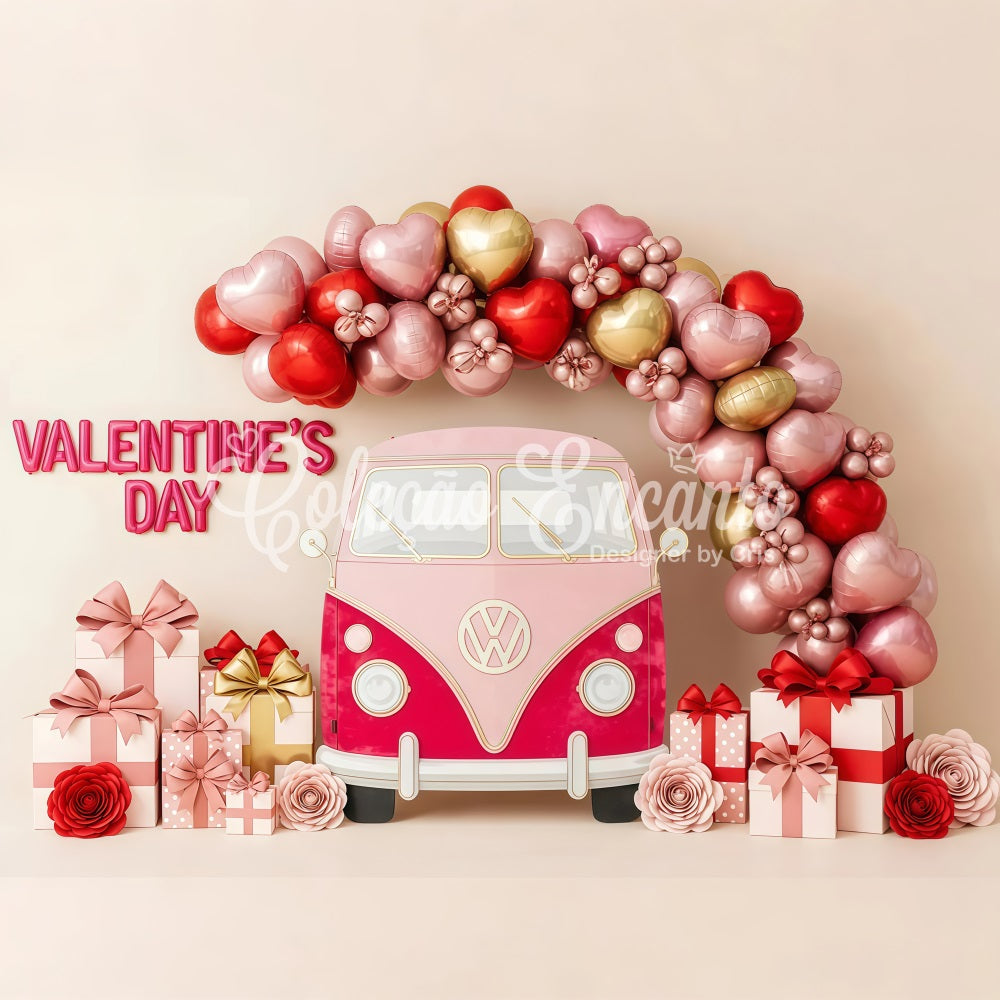 Valentinstag-Hintergrund Ballonherz Geschenkwagen Valentinstag-Hintergrund Von Magali