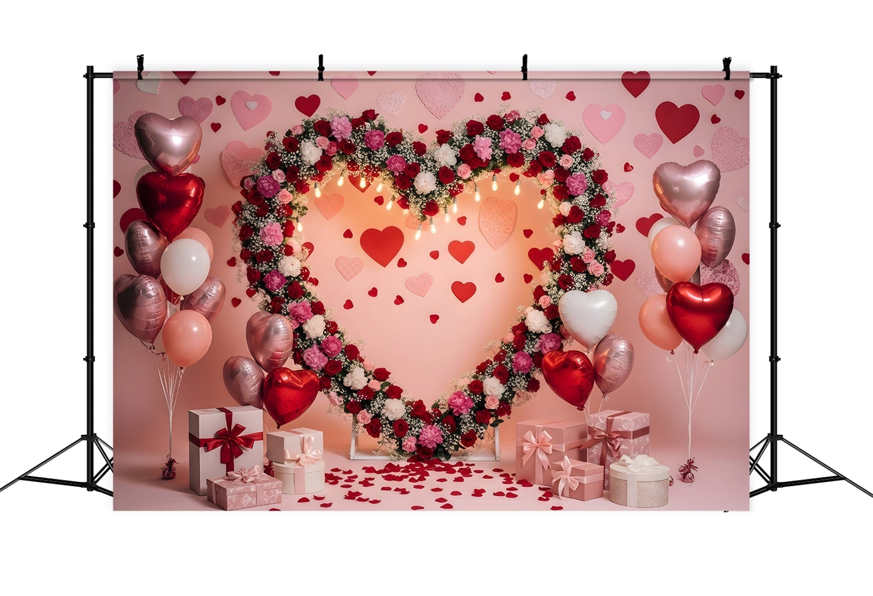 Valentinstag-Hintergründe Romantischer Blumenherz-Bogen Valentinstag-Foto-Hintergrund von Magali