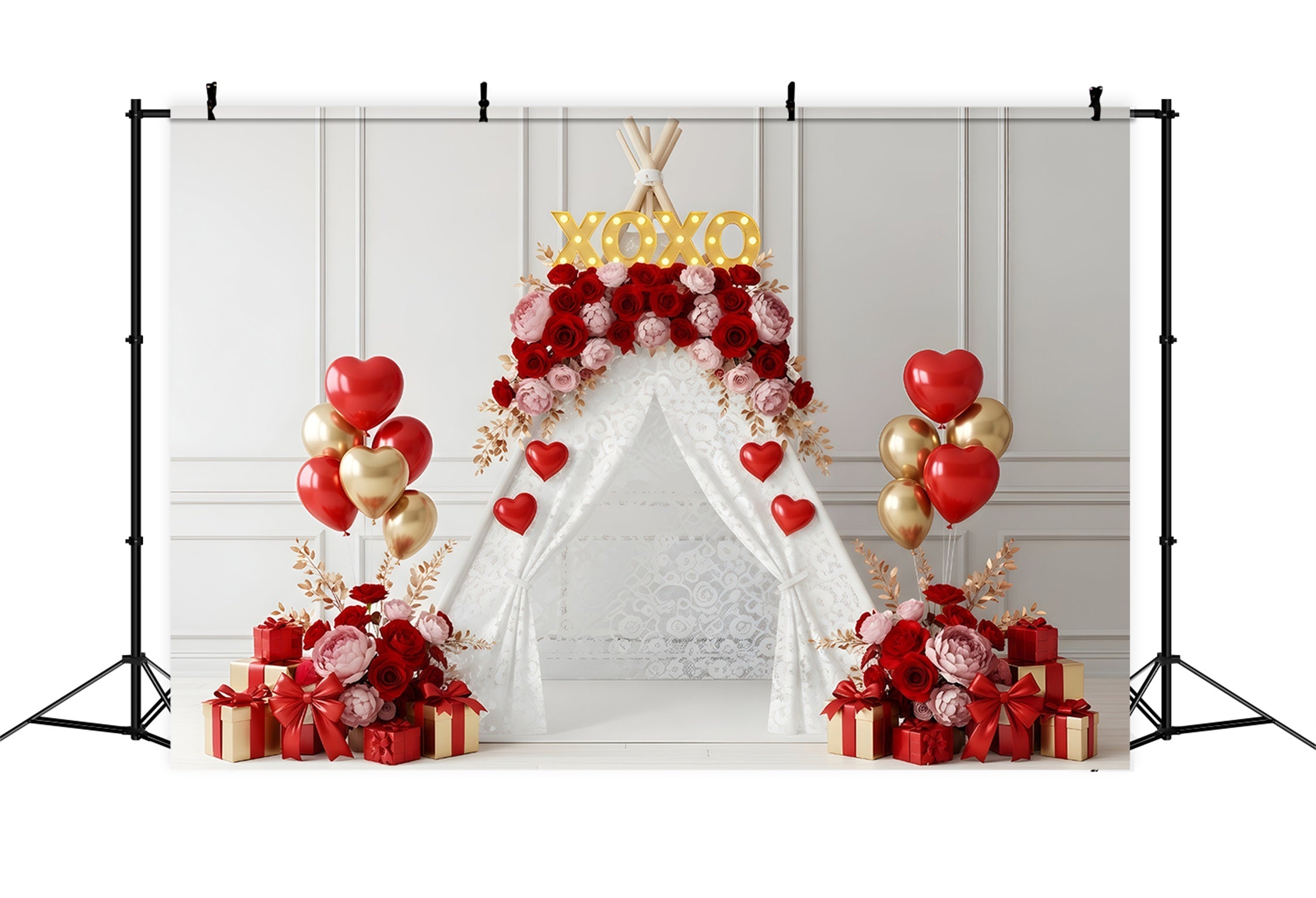 Valentinstag-Kulisse XOXO Blumenzelt-Display Valentinstag-Fotokulisse von Magali
