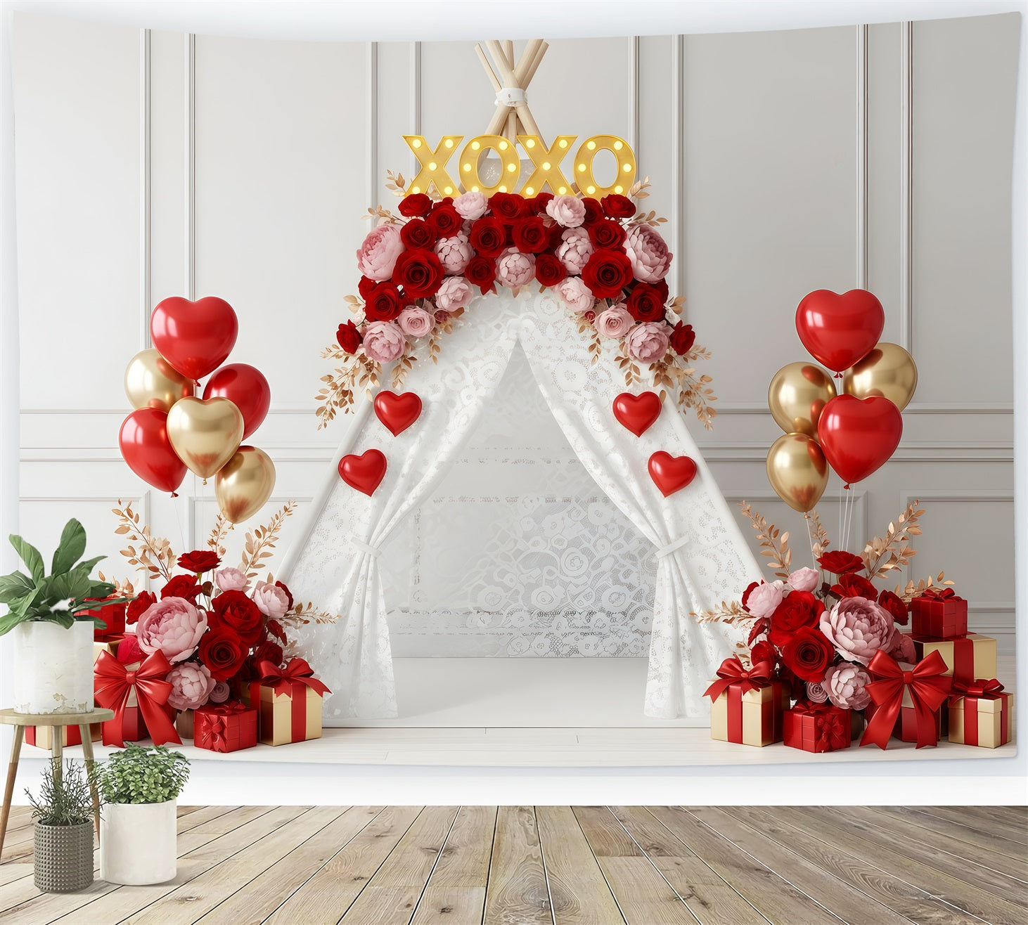 Valentinstag-Kulisse XOXO Blumenzelt-Display Valentinstag-Fotokulisse von Magali