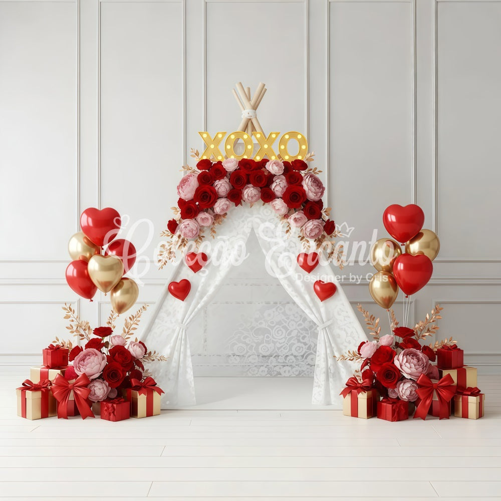 Valentinstag-Kulisse XOXO Blumenzelt-Display Valentinstag-Fotokulisse von Magali