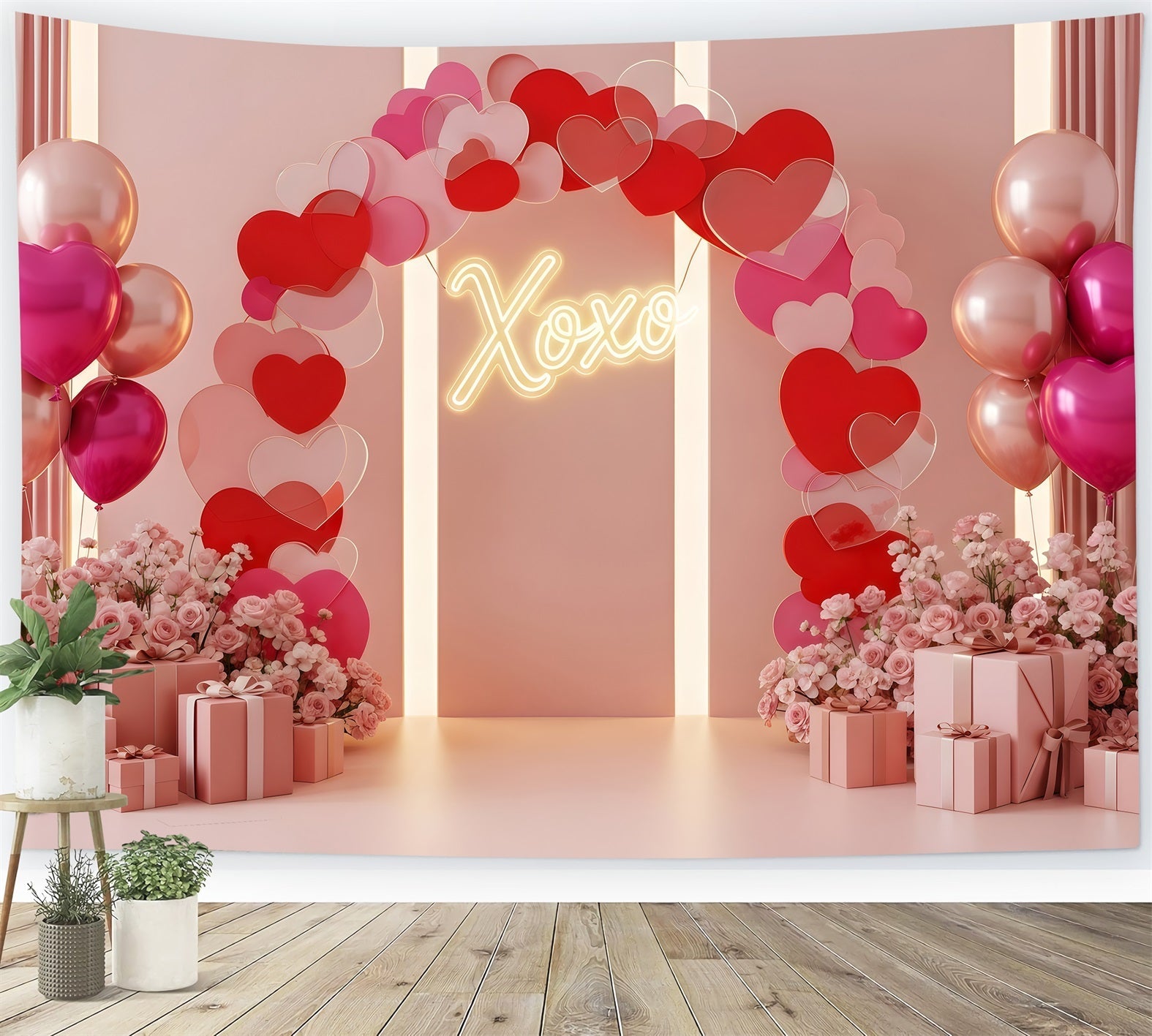 Valentinstag-Kulissen Romantischer Herzbogen Leuchtende Valentinstag-Herzen-Kulisse von Magali