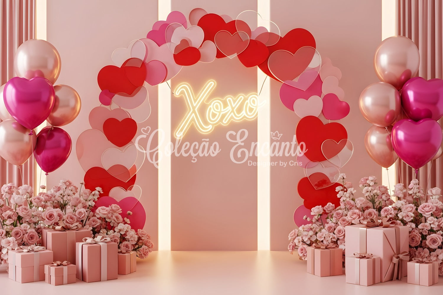 Valentinstag-Kulissen Romantischer Herzbogen Leuchtende Valentinstag-Herzen-Kulisse von Magali