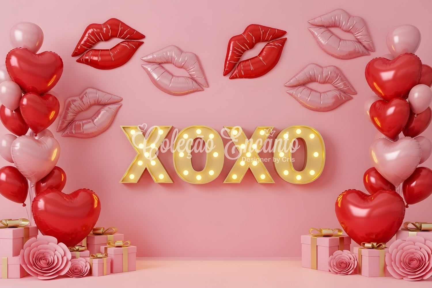 Valentinstag-Hintergrund Kissing Lips Neon XOXO Pink Valentinstag-Hintergrund von Magali