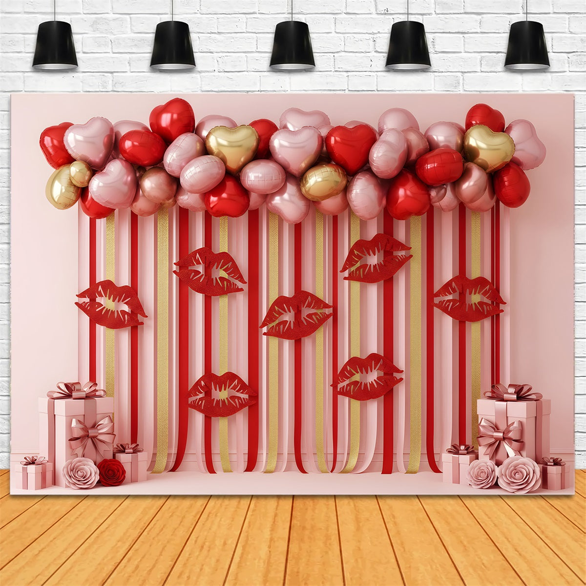 Valentinstag-Ballon-Hintergrund Gestreifte Lippen Herz-Display Valentinstag-Hintergründe von Magali
