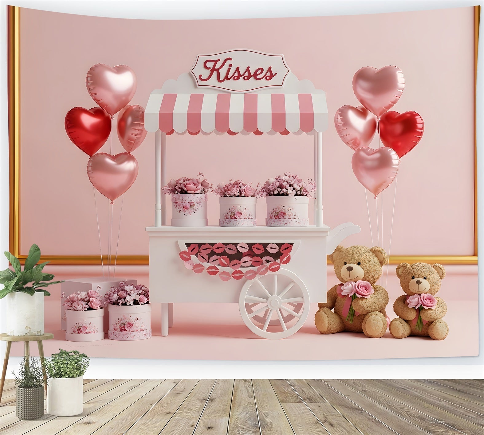 Valentinstag-Hintergründe Küsse Wagen Blumige Romantik Rosa Valentinstag-Hintergrund Von Magali